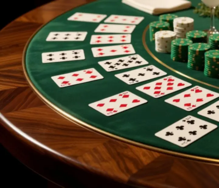Kézzel készített blackjack asztal zöld filccel, sárgaréz élekkel és arany színű zsetonokkal