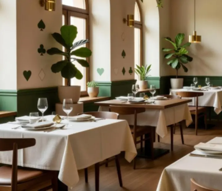 Világos, krémszínű falú magyar fine dining étterem nagy ablakokkal és diófa asztalokkal