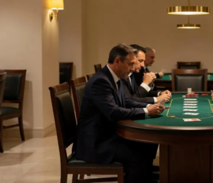 Meghitt, zöld posztóval borított pókerasztal, rulett- és blackjack-sarok elegáns offline kártyaszalonban